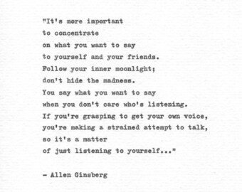 Allen Ginsberg 'Don't Hide the Madness' Hand Typed Quote Writer Inspiration Motivational Print Writer Gift Vintage Typewriter Beatnik Author