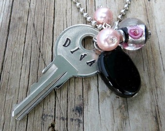 DIVA Key Necklace – Engraved Key Necklace – Hand Stamped Key Necklace – Key Jewelry – Stamped Key Necklace