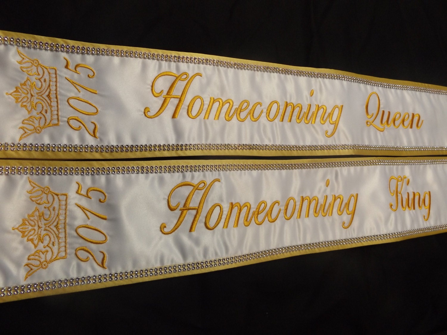 Homecoming King & Queen sashes sets white satin  Gold trim