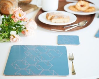 NEW Geometric placemats, hexagons, teal, coral, square placemats, graphic design, set of 4, 24x24cm
