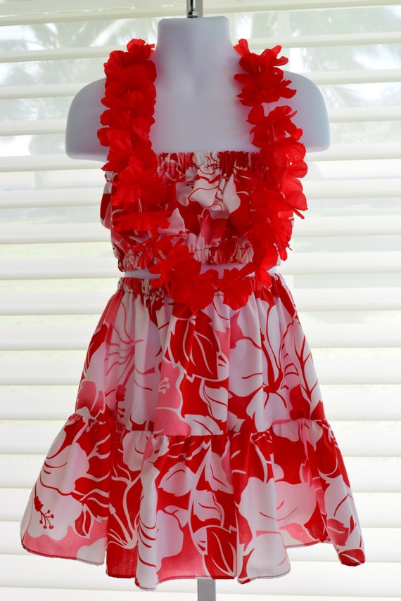 Girls Hula Hawaiian Dress 2 Piece Outfit Red and Hibiscus