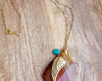 Slice amber agate wing charm necklace