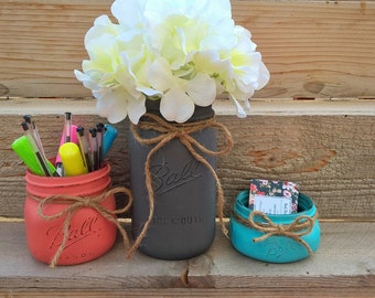 Office Decor, New Job Gift, Rustic Office Desk Accessories, Office Organization, Office Gift, Mason Jar Organization, Home Office Decor