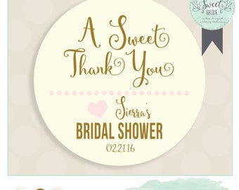 Baby or Bridal shower favor sticker PHRASE A Sweet Thank You COLOR pink gold. Includes color QTY and size of choice. Glossy sticker label