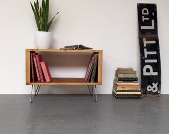 Stanton Small Record Player TV Stand with Vinyl Storage Cabinet On Mid Century Hairpin Legs