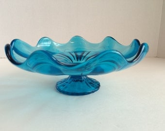 Vintage VIKING GLASS "Bluenique" Pedestal Dish Stretched Petal Compote