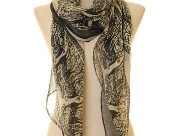 Bambi Scarf | Deer Scarf | Infinity Scarf | Black White Scarf | Christmas Scarf | Light Shawl | Neck Scarf | Rectangle Scarf S-15