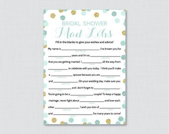 Mint and Gold Bridal Shower Mad Libs Game - Printable Mint and Gold Bridal Shower Madlibs - Gold Glitter Bridal Advice Cards 0001-M