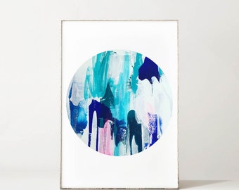 Abstract Art Print, I Heart You Turquoise Blue Round Art Print, Giclee Print
