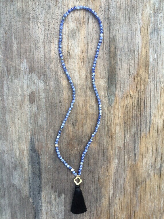 Items similar to Long Beaded Tassel Necklace with Blue Sodalite Beads