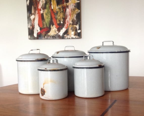 Vintage enamel  grey kitchen  canister set  tin canisters