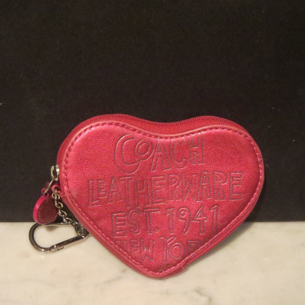 Coach Magenta Heart Coin Purse With Siver Toned Key Chain