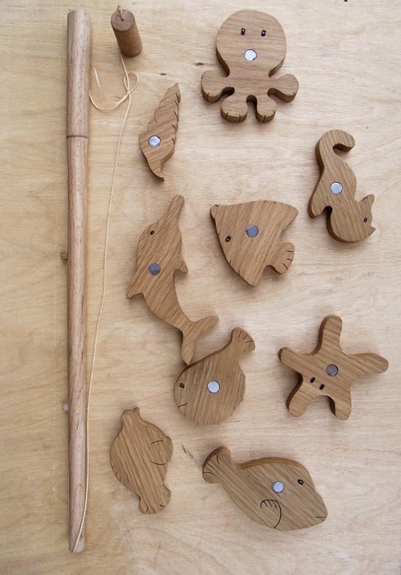 Fishing rod toy Wooden fishing set by EcoWoodyGoody