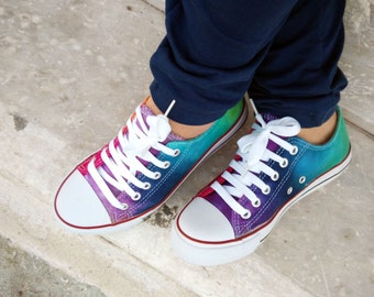 Tie Dye converse low top, Tie Dye Rainbow colors, Unisex Casual Sneackers, Ombre Hand painted wedding shoes, birthday party gift, casual
