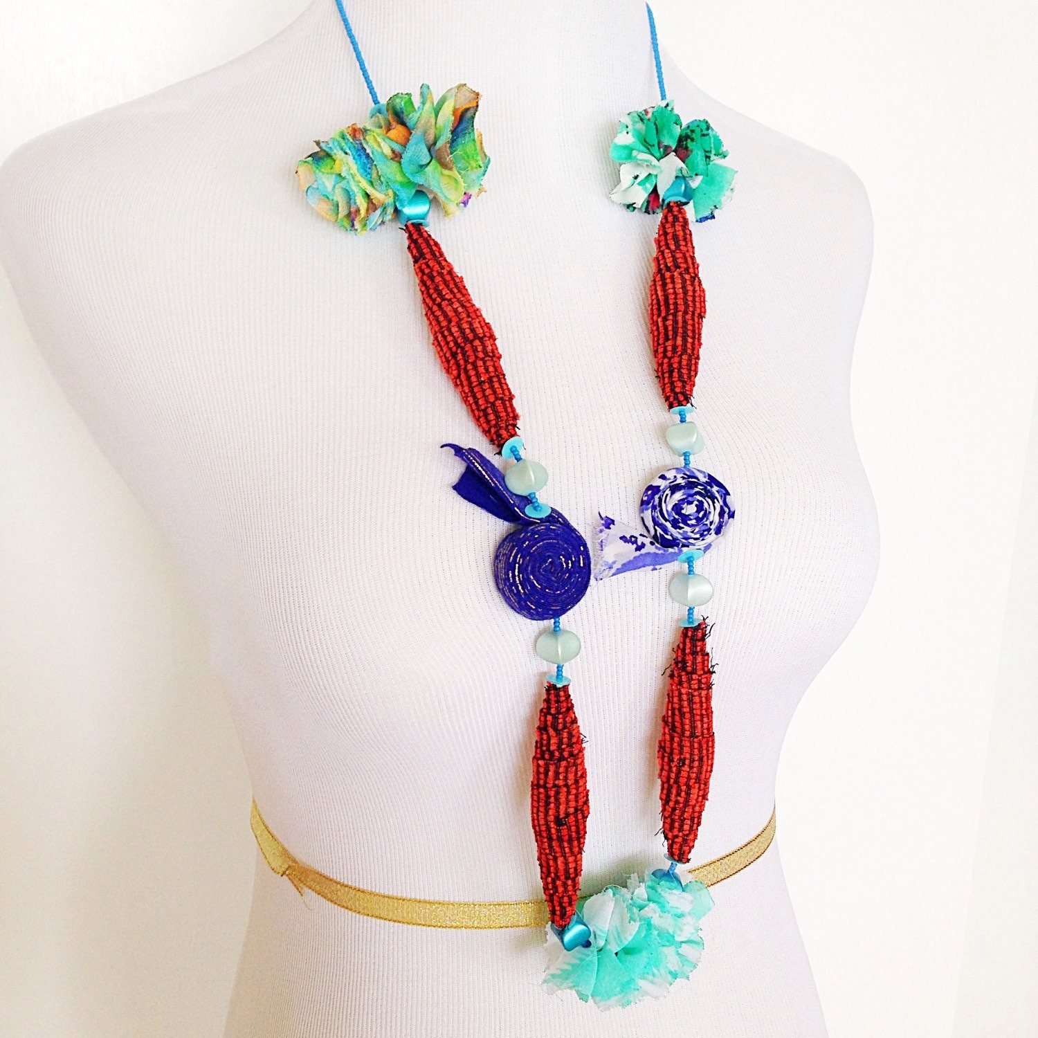 Fabric Flower Necklace Fabric Jewelry Unique by PriFabricsAndBeads