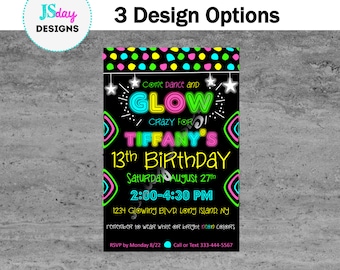 Glow party invite; glow in the dark birthday; dance invitation; girl party; tween birthday; teen birthday; black light; neon; glow stick
