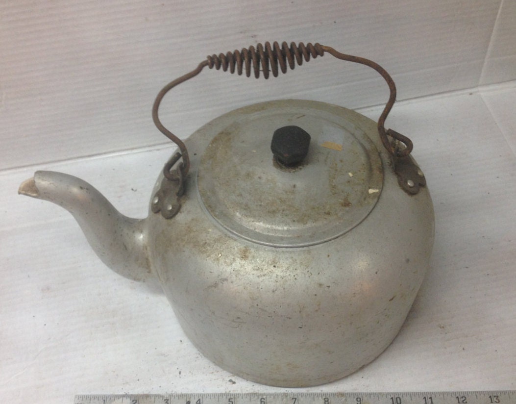 Vintage Metal Tea Pot Kettle Mid Century Teapot Rustic