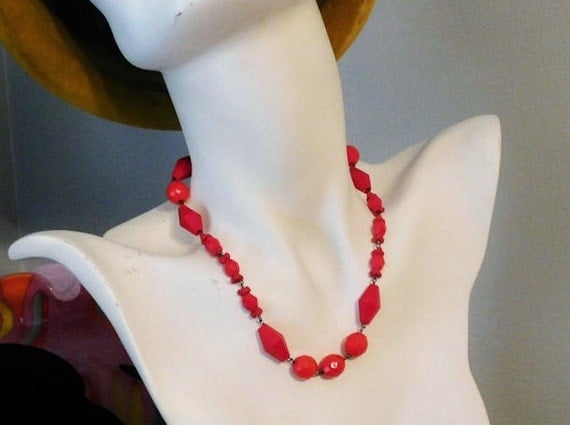 Vintage Czech Glass Necklace Art Deco Signed Czechoslovakia Red Faceted Glass Bead Beaded Necklace Metal Chain Link 1920s 20s Box Clasp