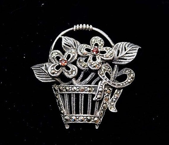 Garnet Rose Cut Garnet Marcasite Sterling Silver Brooch Pin Flower Basket 1950s Mid Century Sterling Garnet Pin Dainty Mini Figural Floral