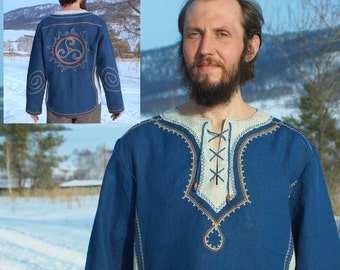 Pure linen men's shirt "Royal" / rustic shirt / ancient triple helix embroidery