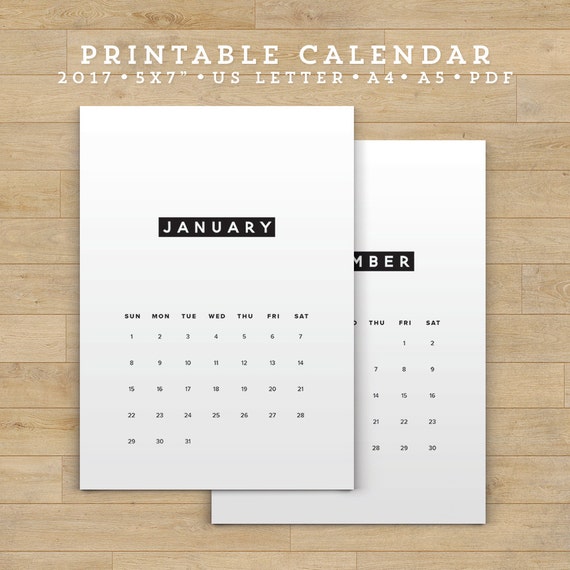 SALE Printable Calendar 2017 Minimalist Calendar Planner 2017