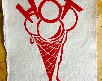 Ice cream, red hot! Lino print on handmade paper of cotton.