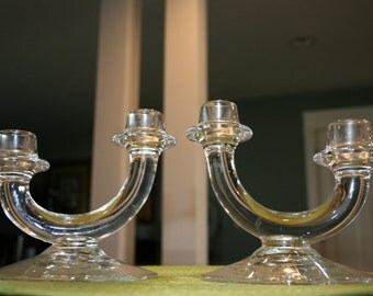 c 1942 Fostoria Double Candlesticks//Pattern: Romance//Ribbons and Flowers//Vintage Double Candlesticks