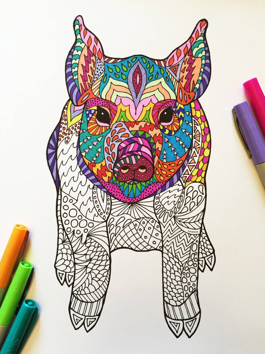 Sitting Pig PDF Zentangle Coloring Page by DJPenscript on Etsy