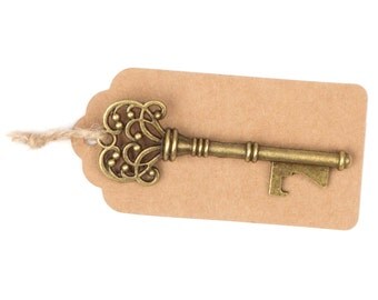 50 Vintage Key Bottle Openers with Tags & Twine, Skeleton Keys, Wedding Decorations, Party Favors, Antique Gold Rustic Victorian Steampunk