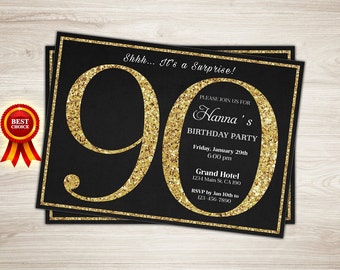 90th birthday invitation. Gold Glitter 90th surprise birthday invitation. Adult birthday invitation. Surprise Birthday Party Printable