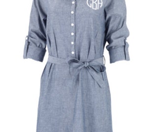 Monogrammed Chambray Dress, Monogrammed Dress, Womens Clothing, Tie waist dress, Clothing, Dress, Gifts for her, Personalized Chambray dress