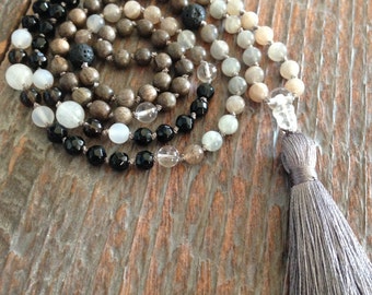 Moonstone & Obsidian Mala, Black Obsidian, yoga jewelry, gemstone mala, prayer beads, meditation jewelry,spirituality, psychic protection