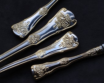 4pcs Royal Albert Old Country Roses, Gold Accent Flatware, Sauce Ladle, Cake Server, Casserole Spoon, Dinner Knife, Royal Albert Stainless