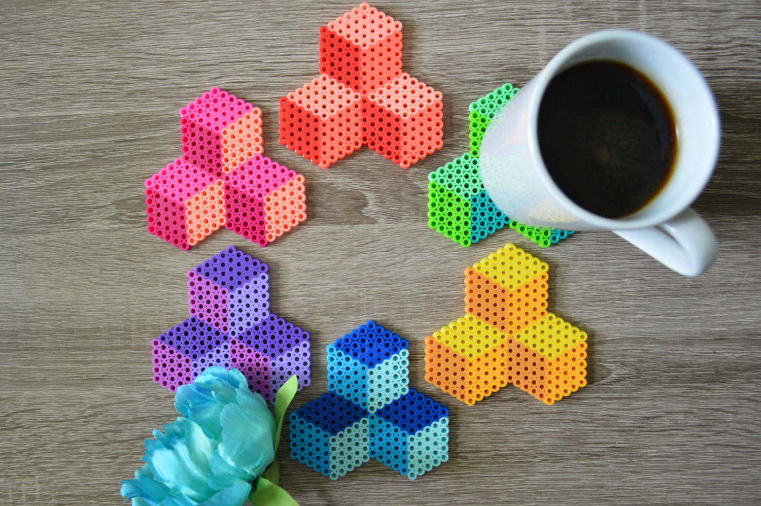 Fuse Bead / Perler Bead Geometric Cube Coasters Set by 8bitkatie