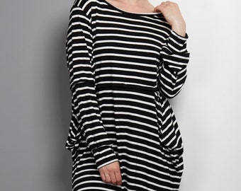 Rach Dress - Black and White Stripe, Soft Jersey Dress, Pintuck detailing,
