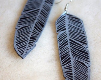 Screen Printed Leather Earrings-Black and Silver Feather