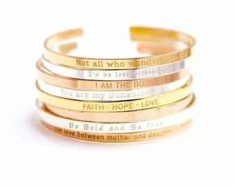 Gold Cuff Bracelet, Personalized Silver Cuff Bracelet, Mantra Cuff, Positive Inspirational Quote Cuff Bracelet, Stacking Bangle