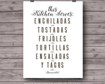 Mexican Kitchen print, hispanic decor print, tex-mex, bilingual typography poster, Mexico, Texas Arizona new mexico kitchen, Abuela, spanish
