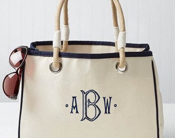 Monogrammed Rope Tote Bag Natural Canvas 4 Colors