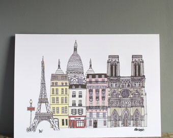Paris Print - Paris Landmarks - A4 Illustration - Wedding Gift - Engagement Print - Paris Cityscape