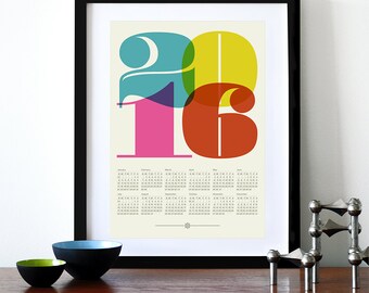 2016 calendar poster, retro kitchen art, mid century modern, office art print, Eames era, typography poster, graphic design, A3 wall decor