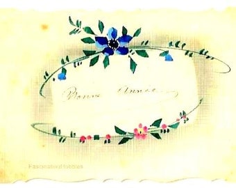 vintage HANDPAINTED FLOWERS- FRENCH color Postcard- Pink, Purple,Green, frame - back written 1927 - Holiday Greetings- slight age stains