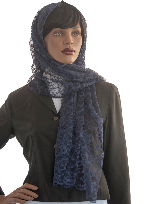 Deep Blue Lace Veil Wrap Scarf Chapel Scarf Christian Scarf