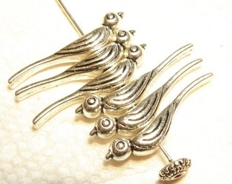 6 Pewter Silver Sparrow Bird Beads