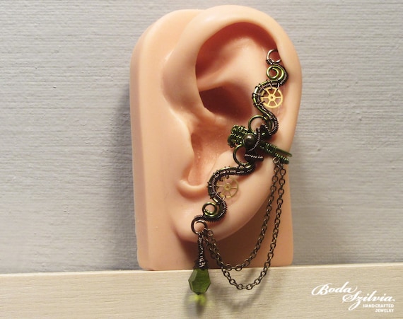 bronze and green STEAMPUNK EAR CUFF - wire wrapped ear cuff, steampunk ear wrap, steampunk jewelry, no piercing ear cuff, gear jewelry by bodaszilvia steampunk buy now online
