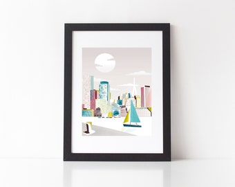 Boston Print, Boston Art Prints, MA Skyline Wall Home Decor, Boston Skyline Art Poster Travel Poster, Home Wall Decor Nursery Style: SBMA01