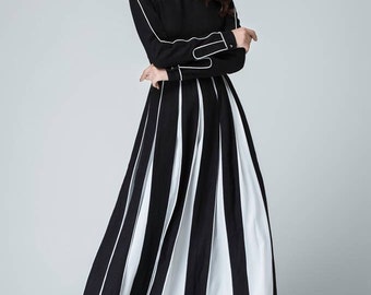 linen dress, maxi dress, womens dresses, prom dress, white and black dress, fall dress, bridesmaid dress, party dress, elegant dress 1459