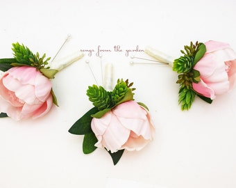 Pink Peony Boutonnieres - Hops and Eucalyptus Accents - Groom Groomsmen Boutonnieres Prom Homecoming Boutonniere