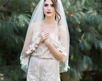 Leni Veil, Lace Appliques Veil, Chapel Veil, Bridal Veil, Cathedral Veil, Bridal Wedding Veil, Single Layer Veil, Alencon Lace Veil,
