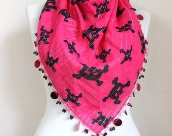 SKULL SCARF / Pink scarf / cotton scarf / triangle scarf / beaded scarf /